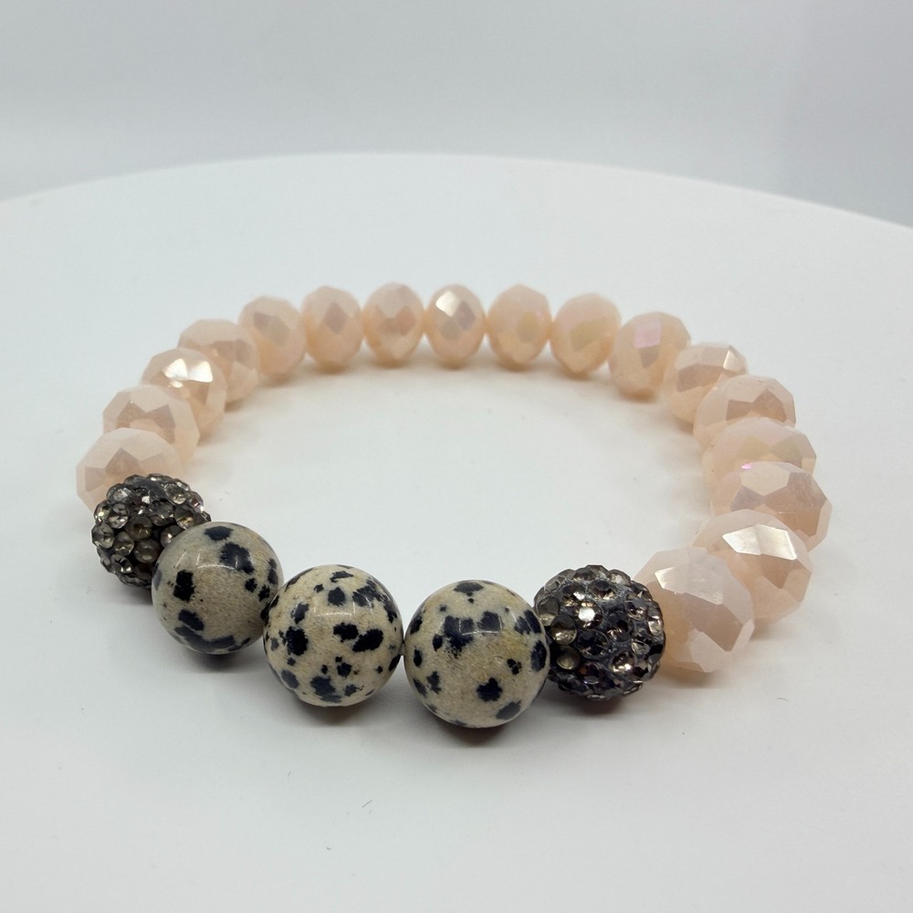 VTG Y2K Dalmatian Jasper Beaded Stretch Bracelet Champagne Crystal Disco Ball